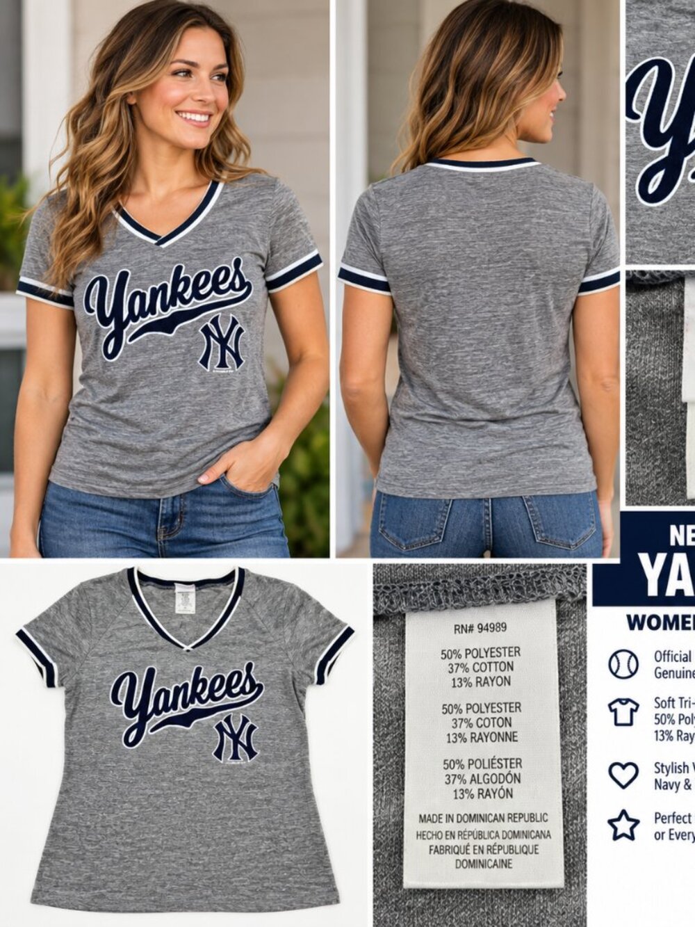New York Yankees MLB Women’s V-Neck Shirt Gray Large